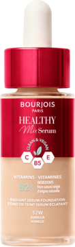 Bourjois Healthy Mix Serum Foundation, 52W Vanilla, a beige bottle with red cap and dropper, enriched with vitamins.