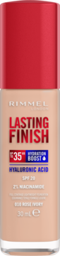 Rimmel Lasting Finish foundation 010 Rose Ivory, 30ml, light beige bottle with red cap, frontal view, SPF 20.