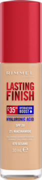 Rimmel Lasting Finish 35H podkład SPF 20 w beżowej butelce z czerwoną nakrętką, widok z przodu.