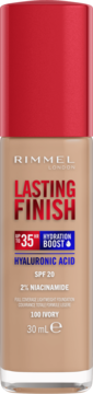 Rimmel London Lasting Finish 35H podkład, SPF20, 100 Ivory, beżowa butelka z czerwoną nakrętką, widok z przodu.