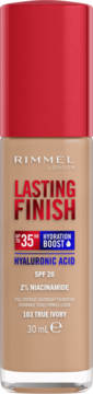 Podkład Rimmel Lasting Finish 35H True Ivory z kwasem hialuronowym i SPF 20, butelka z czerwoną nakrętką, widok z przodu.