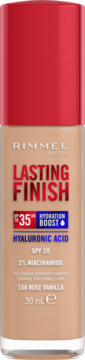Rimmel Lasting Finish 35H podkład, beżowa szklana butelka z czerwoną nakrętką, widok z przodu, SPF 20.