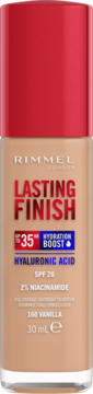 Beżowy podkład Rimmel London Lasting Finish 160 Vanilla, SPF 20, Hyaluronic Acid i Niacinamide, widok z przodu.