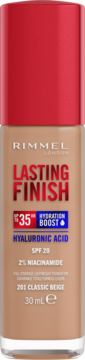 Rimmel London Lasting Finish podkład 201 Classic Beige, beżowa butelka z czerwoną nakrętką, SPF 20.