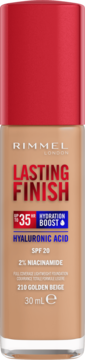 Rimmel Lasting Finish 210 Golden Beige foundation z SPF 20, kwasem hialuronowym, widok z przodu.
