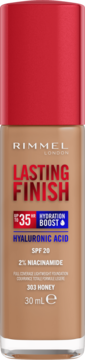 Rimmel London Lasting Finish 303 Honey, brązowy podkład w butelce z czerwoną nakrętką, widok z przodu. Z SPF 20.