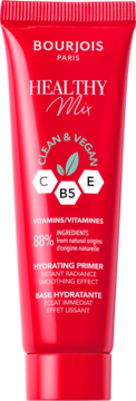 Czerwona tuba Bourjois Healthy Mix Hydrating Primer, widok z przodu, z białymi napisami i symbolami witamin C, B5, E.