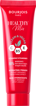 Czerwona tuba Bourjois Healthy Mix Hydrating Primer, widok z przodu, z białymi napisami i symbolami witamin C, B5, E.