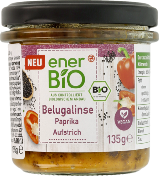 EnerBiO Belugalise Paprika, organiczna wegańska pasta w szklanym słoiku z czarną pokrywką, widok z przodu.