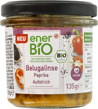 EnerBiO Belugalise Paprika, organiczna wegańska pasta w szklanym słoiku z czarną pokrywką, widok z przodu.