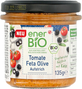 EnerBIO pasta Tomate Feta Olive 135g w szklanym słoiku z czarną pokrywką, z etykietą NEU, widok frontalny.