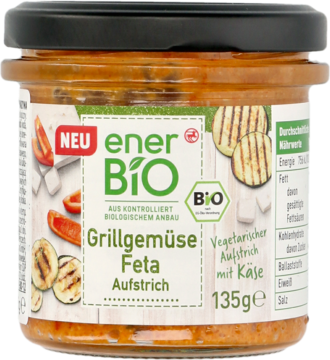 enerBio wegetariańska pasta kanapkowa z grillowanymi warzywami i fetą, słoik 135g, widok z przodu, czarna pokrywka.