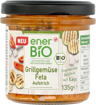 enerBio wegetariańska pasta kanapkowa z grillowanymi warzywami i fetą, słoik 135g, widok z przodu, czarna pokrywka.