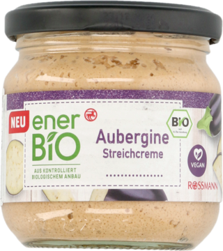 enerBio wegańska pasta z bakłażanem w szklanym słoiku 180g, beżowa, czarna nakrętka, zielone logo BIO.
