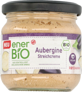 enerBio wegańska pasta z bakłażanem w szklanym słoiku 180g, beżowa, czarna nakrętka, zielone logo BIO.