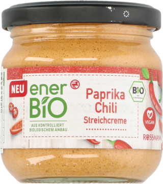 Ener BIO Paprika Chili Streichcreme w szklanym słoiku z czarną pokrywką, wegańska pasta bio, widok z przodu.