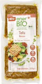 enerBio Tofu Rosso 200g, wegański z pomidorami i oliwkami, w foliowym opakowaniu, widok z przodu.
