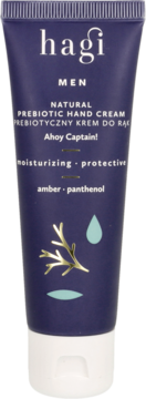 Ciemnoniebieska tubka kremu do rąk Hagi Men Ahoy Captain!, prebiotyczny, nawilżający dla mężczyzn.