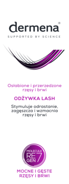 Pionowe opakowanie odżywki Dermena Lash, wzmacniającej rzęsy i brwi, z fioletowymi detalami.