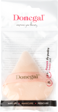 Donegal welurowy puszek do pudru w przezroczystym opakowaniu, trójkątny, brzoskwiniowy. Widok z przodu.