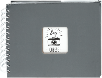 Album Hama Fine Art, szary, spiralny, z grafiką aparatu i napisem "Say CHEESE" na okładce.