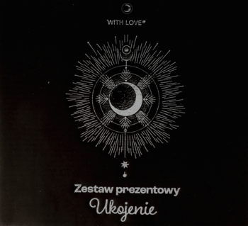 Czarny zestaw prezentowy Ukojenie z kosmicznym wzorem księżyca i gwiazd, widok z przodu pudełka.