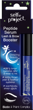 Selfie Project Peptide Serum Lash & Brow Booster, dark blue box with stars, moon, fairy; front view showing roller bottle.