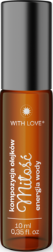 Bursztynowa butelka kompozycji olejków zapachowych Miłość With Love, 10 ml, czarna nakrętka. Widok z przodu.