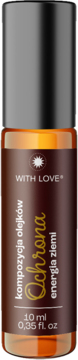 Brązowa butelka roll-on With Love Ochrona Energia Ziemi, kompozycja olejków 10ml, z czarną zakrętką, widok z przodu.