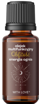 Brązowa butelka olejku multifunkcyjnego Obfitość, z czarną nakrętką i etykietą z motywem słońca i księżyca, widok z przodu.