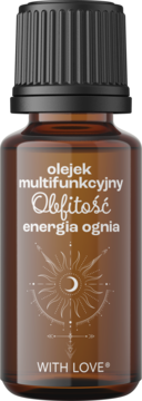 Front brązowej butelki olejku With Love Obfitość Energia Ognia, czarny korek, biały napis i słońce.