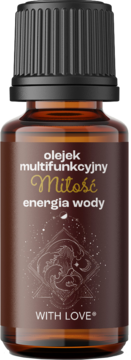 Bursztynowa butelka olejku Miłość, z etykietą "olejek multifunkcyjny energia wody" i symbolem ryb, widok z przodu.