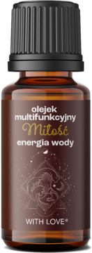 Widok z przodu bursztynowej butelki olejku With Love Miłość Energia Wody, czarna nakrętka, etykieta z rybami.