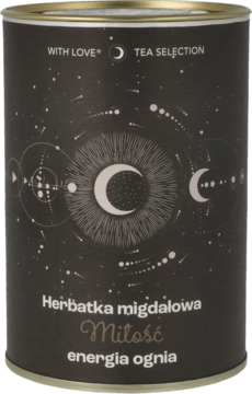 Puszka herbaty migdałowej With Love Tea Selection, czarna, z kosmicznym okiem i księżycem, widok z przodu.