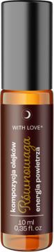 Roller With Love Równowaga, kompozycja olejków 10ml, bursztynowa butelka z czarną nakrętką, widok przód.
