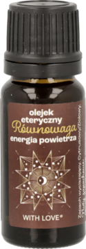 Olejek eteryczny Równowaga energia powietrza, brązowa butelka z czarną zakrętką, widok z przodu.