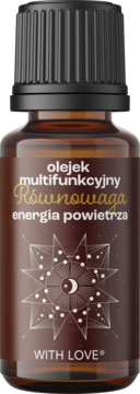 Olejek multifunkcyjny With Love Równowaga / Energia powietrza w brązowej butelce, czarna nakrętka, etykieta z mistycznym wzorem.