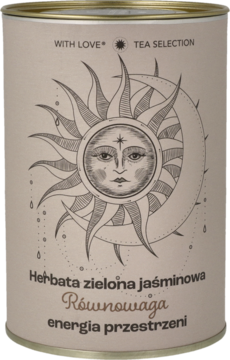 Cylindryczna puszka herbaty zielonej jaśminowej Równowaga, beżowa, z grafiką słońca i księżyca na froncie.