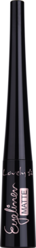 Czarny eyeliner Lovely Eyeliner Matte, butelka z różowym napisem i etykietą MATTE, widok z przodu.