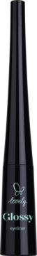 Czarny eyeliner Lovely Glossy w stożkowej butelce z jasnym napisem i motylem, błyszczące wykończenie, widok z przodu.