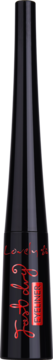 Czarny płynny eyeliner Lovely Make Up w butelce z czerwonymi napisami i etykietą, przód.