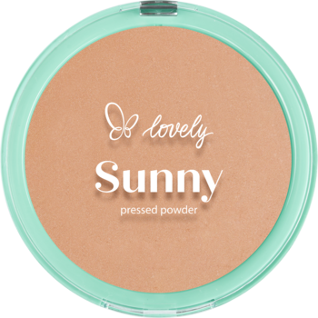 Okrągły puder brązujący Lovely Sunny pressed powder w miętowym opakowaniu, widok z góry.