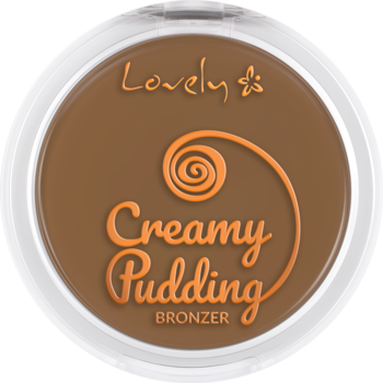 Lovely Creamy Pudding Bronzer w okrągłym kompakcie, brązowy odcień, pomarańczowy napis, widok z góry.