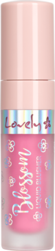 Jasnoróżowy płynny róż Lovely Blossom w transparentnej butelce z holograficzną etykietą, widok z przodu.