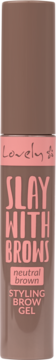 Brązowy żel do brwi Lovely Slay With Brows Neutral Brown w tubce z różową etykietą, widok z przodu.