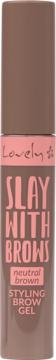 Brązowy żel do brwi Lovely Slay With Brows Neutral Brown w tubce z różową etykietą, widok z przodu.