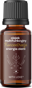 Bursztynowa butelka olejku With Love Koncentracja, multifunkcyjny, z brązową etykietą i złotym napisem.