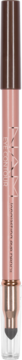 Brązowa kredka do oczu NAM Eye Contour z gąbeczką, w metalicznej, różowo-złotej oprawie, widok z przodu.