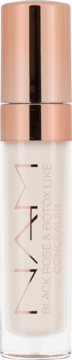 NAM Black Rose & Botox-Like korektor pod oczy w beżowej butelce z różowo-złotą zakrętką, pionowy widok.