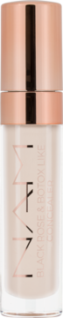 NAM Black Rose & Botox-Like Concealer, jasny korektor w cylindrycznej butelce z różowozłotą nakrętką, widok z przodu.